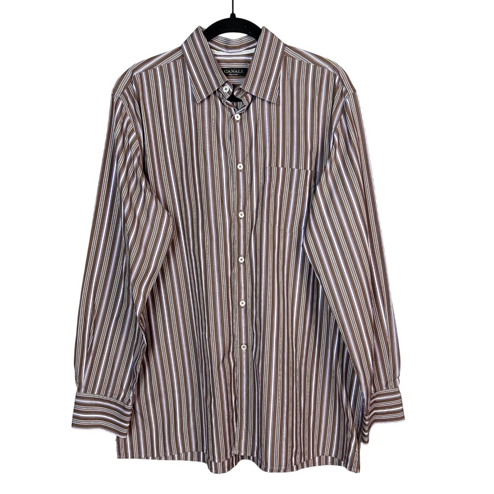 Canali Shirt Mens XL Brown Purple Striped Long Sleeve Button Down Made in Italy